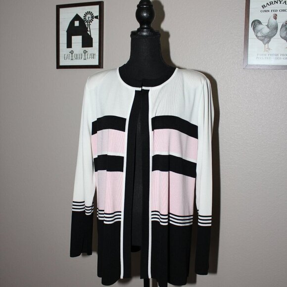 Misook Womens Open Cardigan sweater black white pink Size XL office classic - Picture 2 of 7